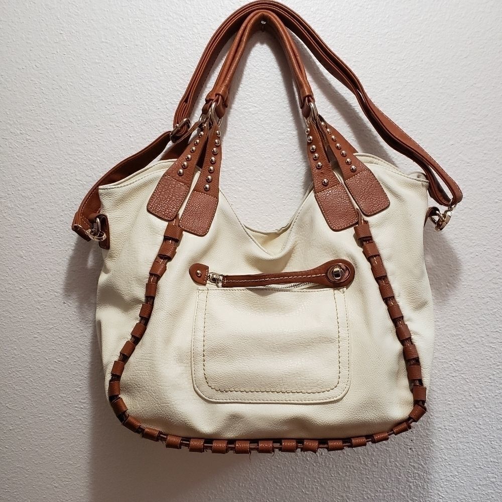 Ivory purse with brown trim